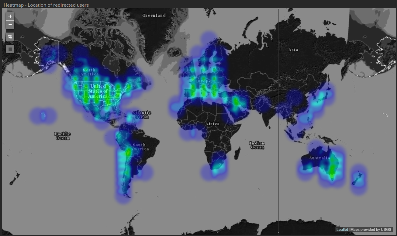 Heat map showing the location of users that requested the malware to a server hosting help.php