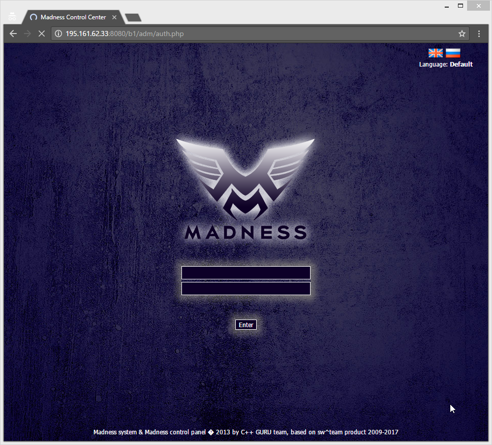 Madness login panel page version 03.10.2016