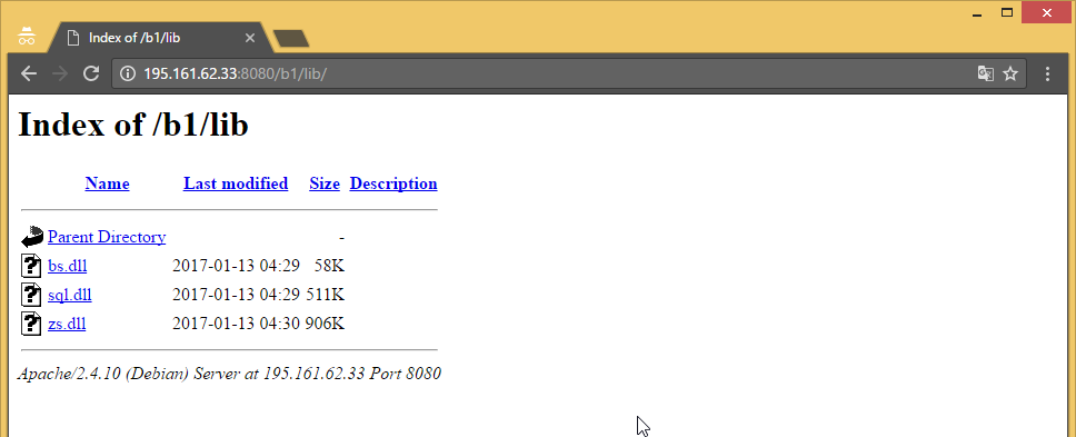 Accessing directly the repertory of the malicious .dll files hosted on 195.161.62.33