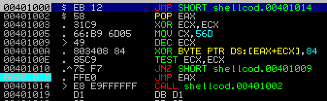The shellcode after reaching its entry point
